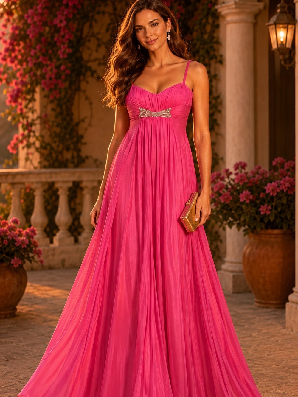Marc Bouwer Hot Pink Spaghetti Strap Maxi Gown with Embellished Waist